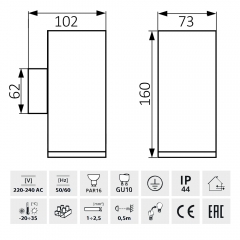 LED Wandleuchte, Antrazit, Wandlampe, Auenleuchte, 2-Flammig, Aluminium, GU10-230V, (Form:W61)